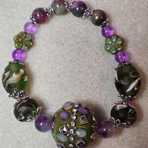 Green & Purple Beaded Fashion Bracelet with Silver Accents